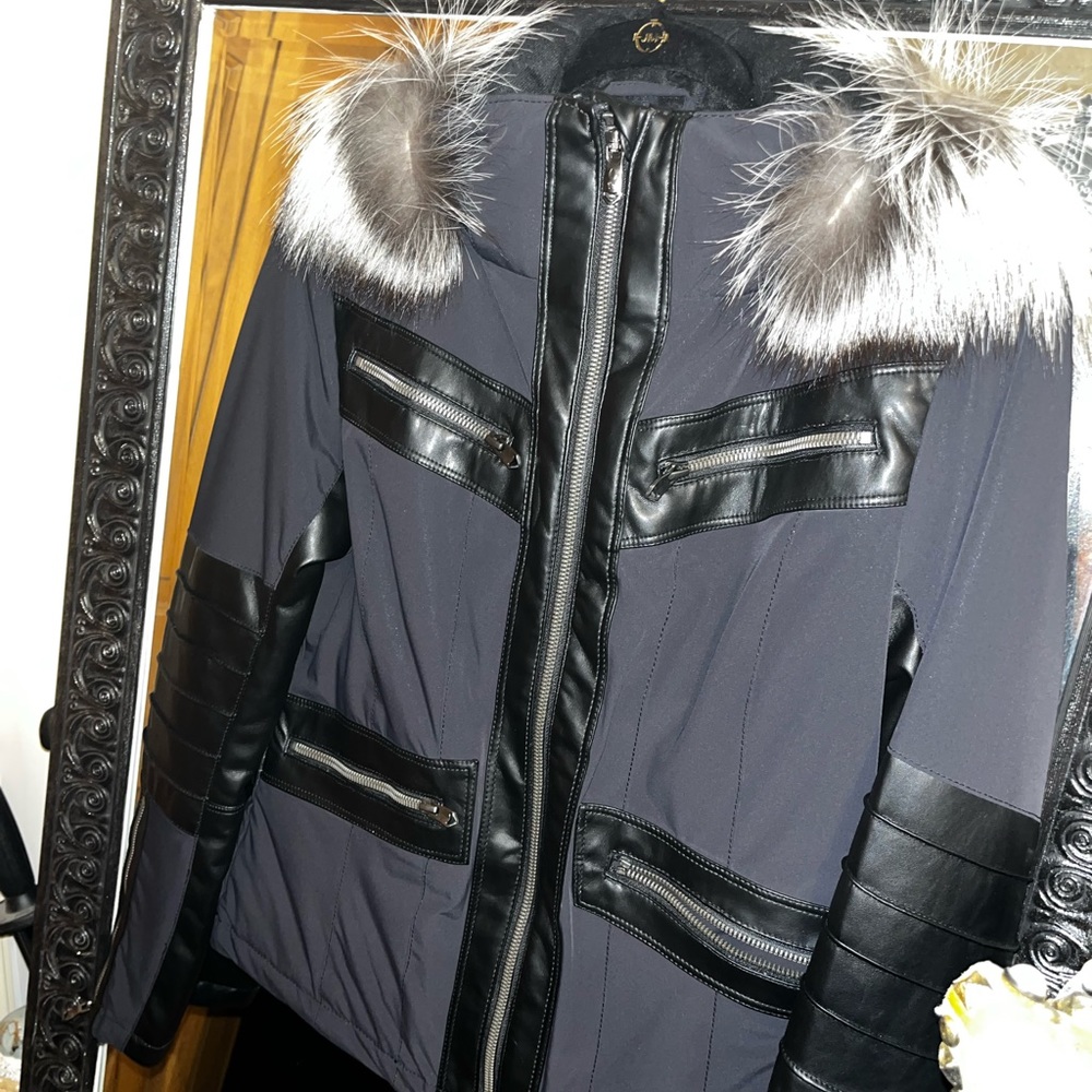 NEW Spyder Blue Fitted Ski Jacket with Leather and Fox Fur Trim